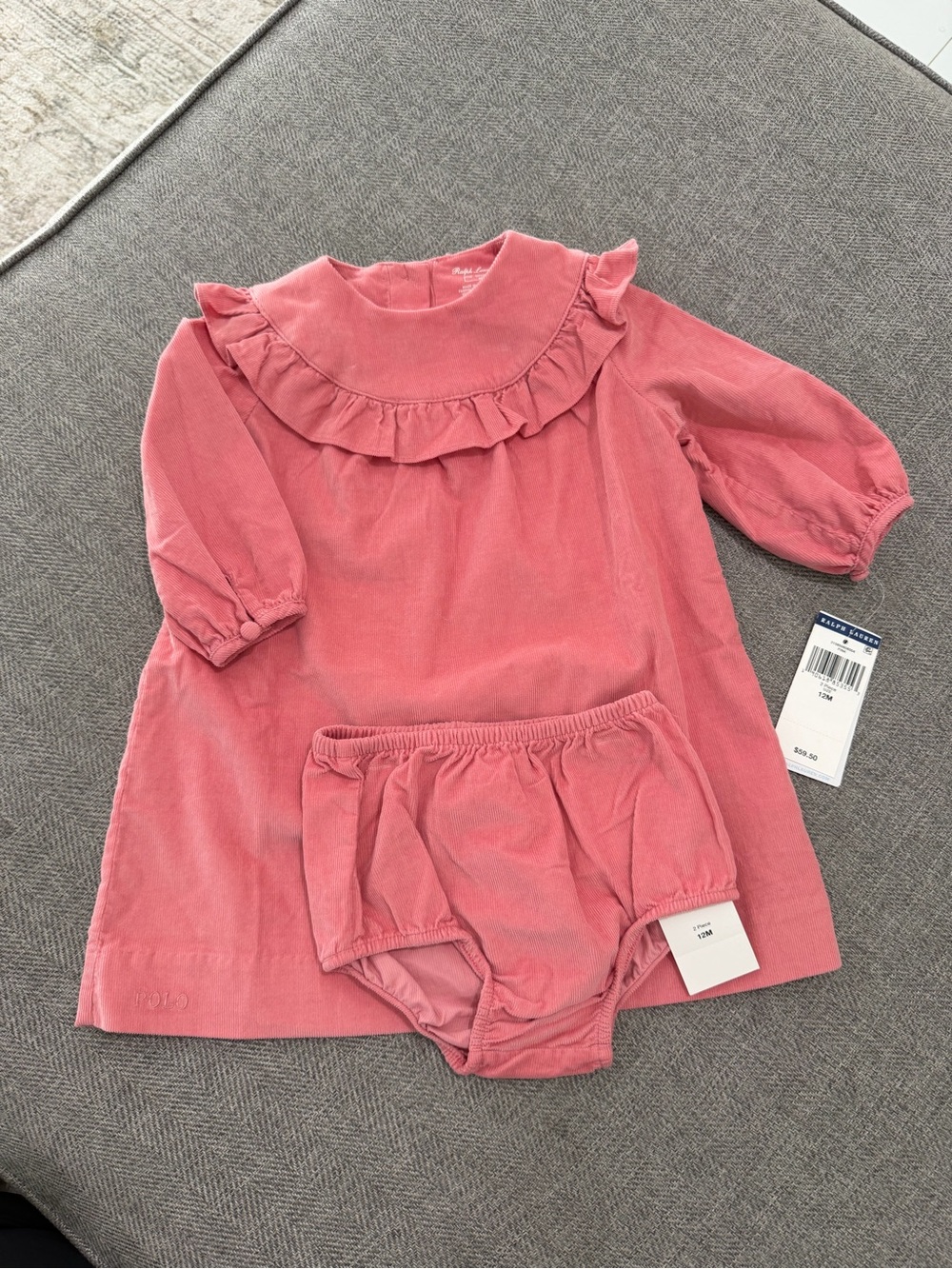 Ralph Lauren Pink Corduroy Ruffle Collar Dress with Bloomer